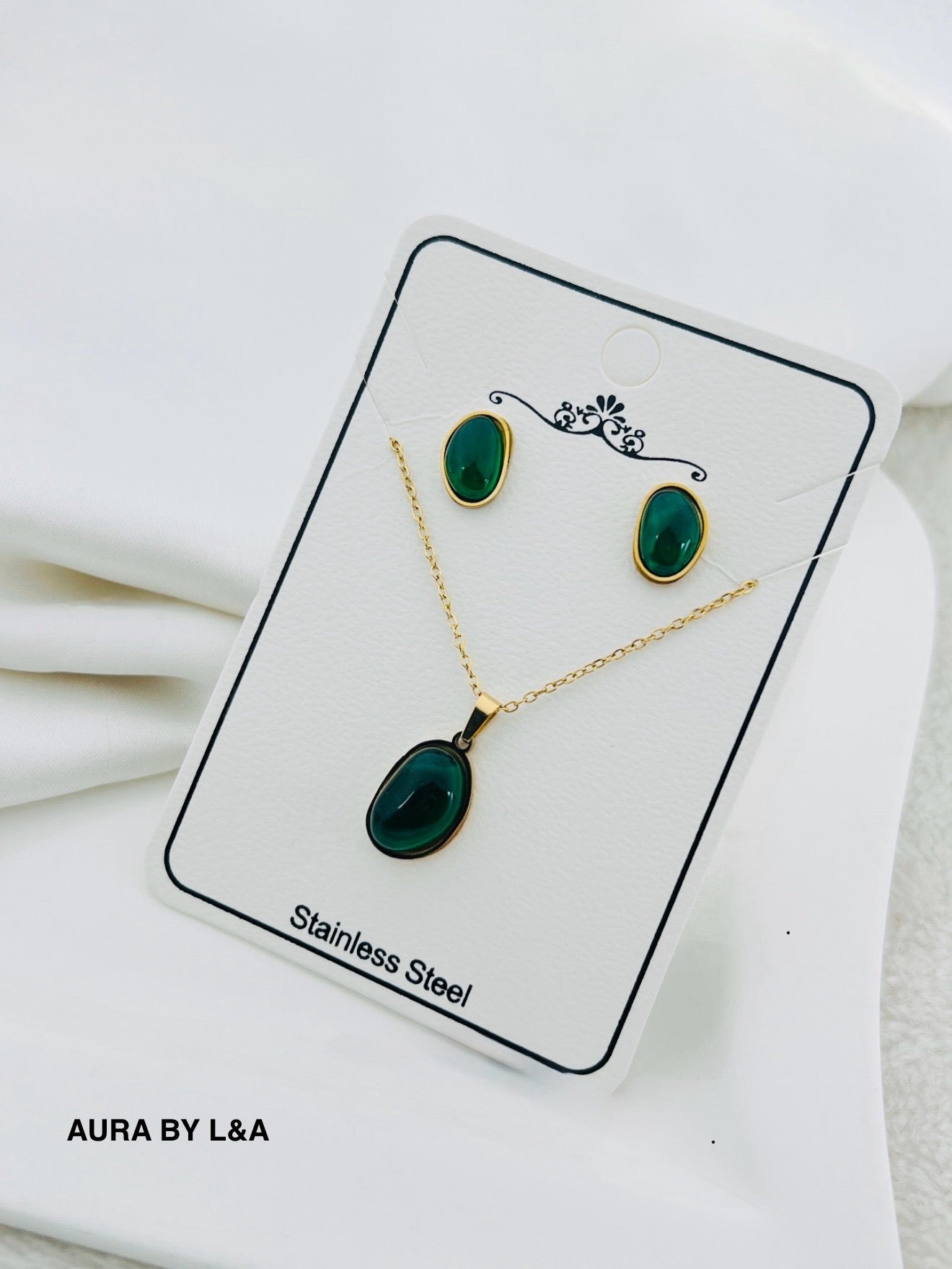 Elegant Green Stone Jewelry Set – Stainless Steel by AURA BY L&A