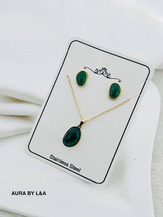 Elegant Green Stone Jewelry Set – Stainless Steel by AURA BY L&A