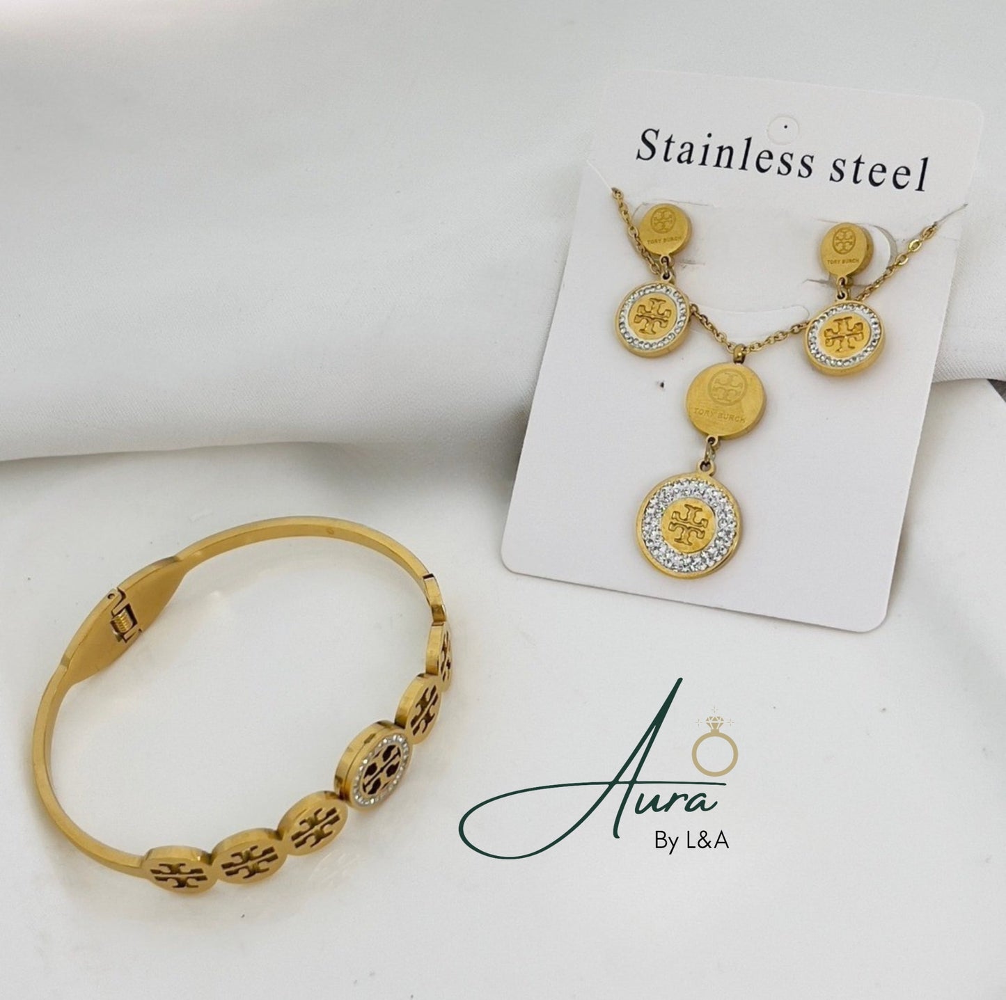 "Women’s Stainless Steel Necklace, Earrings & HandCuff Set – Gold-Plated | Aura"