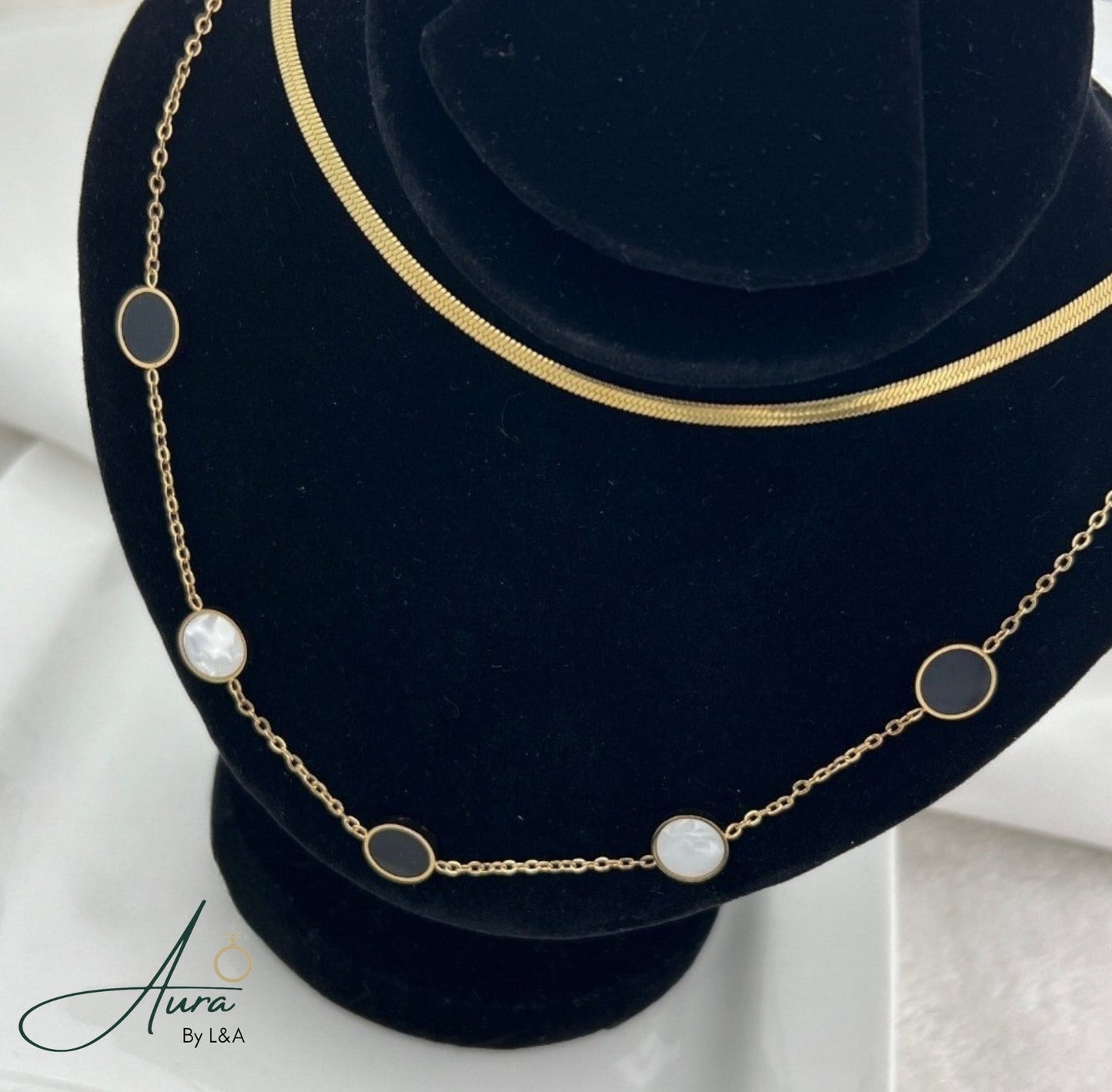 "Minimalist Double Chain Necklace – Gold-Plated with Black & White Accents | Aura by L&A"